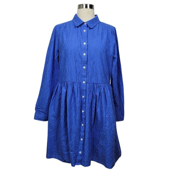 J.Crew Blue Eyelet Button Front Long Sleeve Mini Shirt Dress Size 10 Pockets - Picture 1 of 10